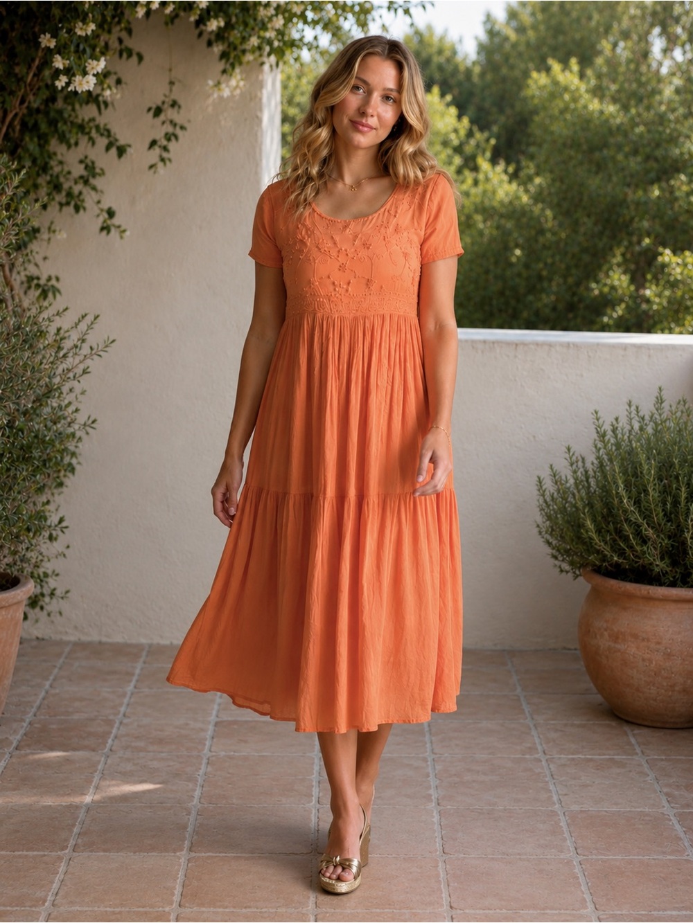 FADS Vintage Salmon Orange Cotton Gauze Embroidered Tiered Midi Dress, X